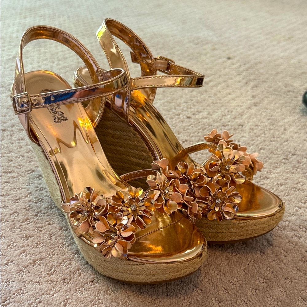 Gold Carlos Santana Floral Wedge Sandals